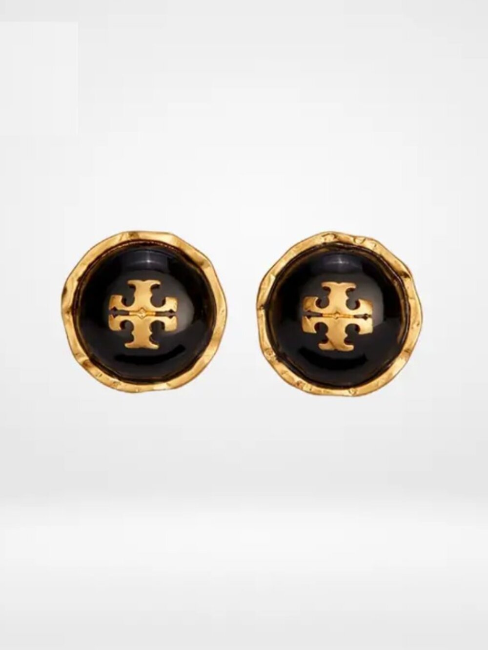 Tory Burch Black Enamel Logo Stud Earrings Hammered Gold Tone
